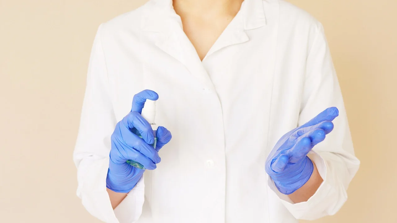 nurse with hand sanitizer