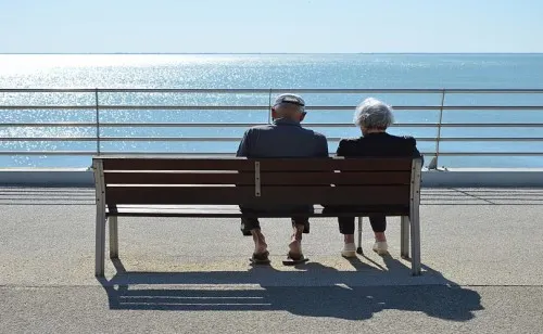 couple sitting on bench.