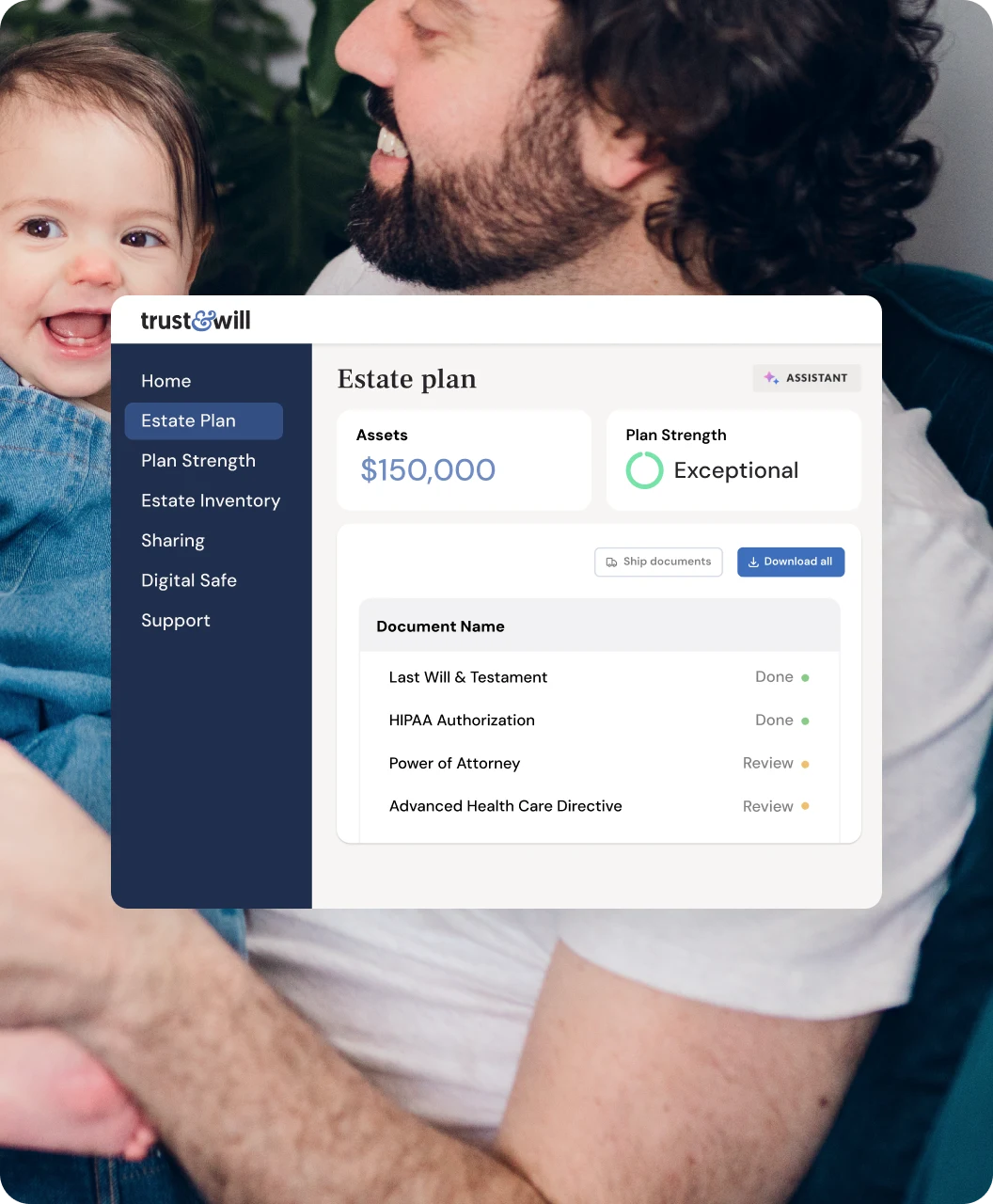 A parent holding a baby, with the Trust & Will estate and crypto plan dashboard displayed, showing assets, plan strength, and completed estate and cryptocurrency planning documents.