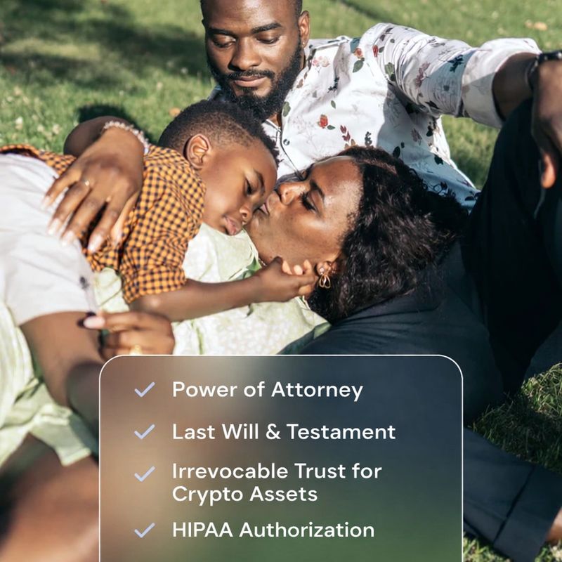 Hero Image | Home | App Screenshot Will Docs A parent holding a baby, with the Trust & Will estate and crypto plan dashboard displayed, showing assets, plan strength, and completed estate and cryptocurrency planning documents.